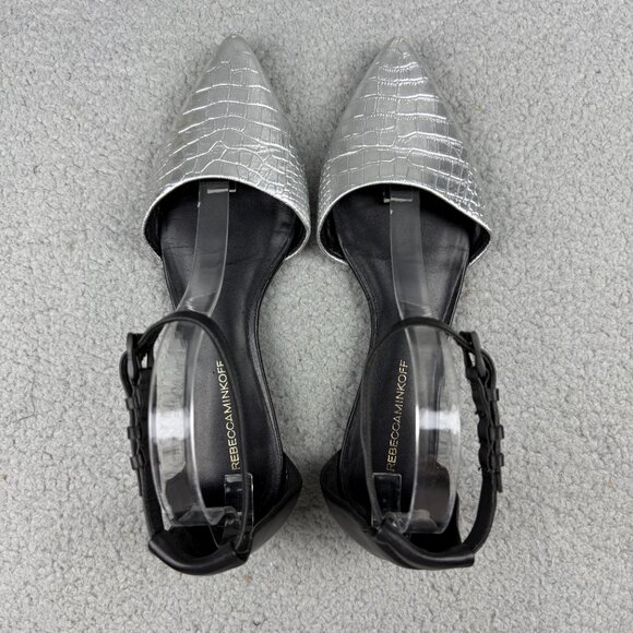 Rebecca Minkoff Flats Womens 10 Shoes Silver Black Crocodile Print Strap Sandals - Picture 6 of 11